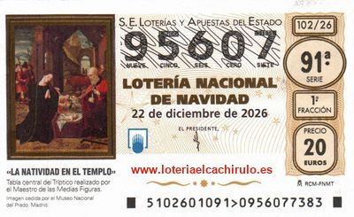 Anverso del d&eacute;cimo 95607 de la Loter&iacute;a de Navidad 2026, de Eivissa (Ibiza) (Baleares)
